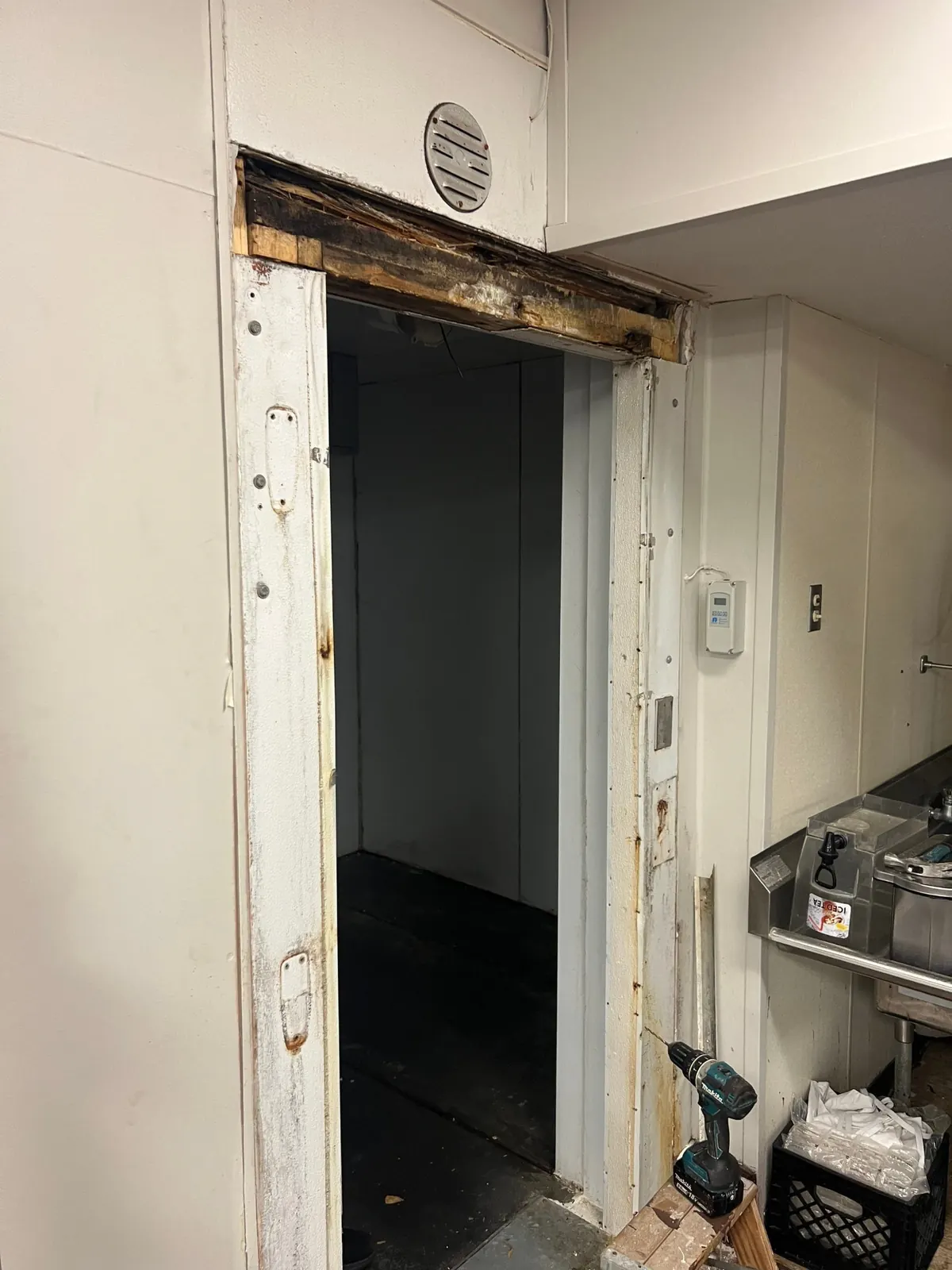 Rotted wooden header exposed above a walk-in cooler door opening during frame repair